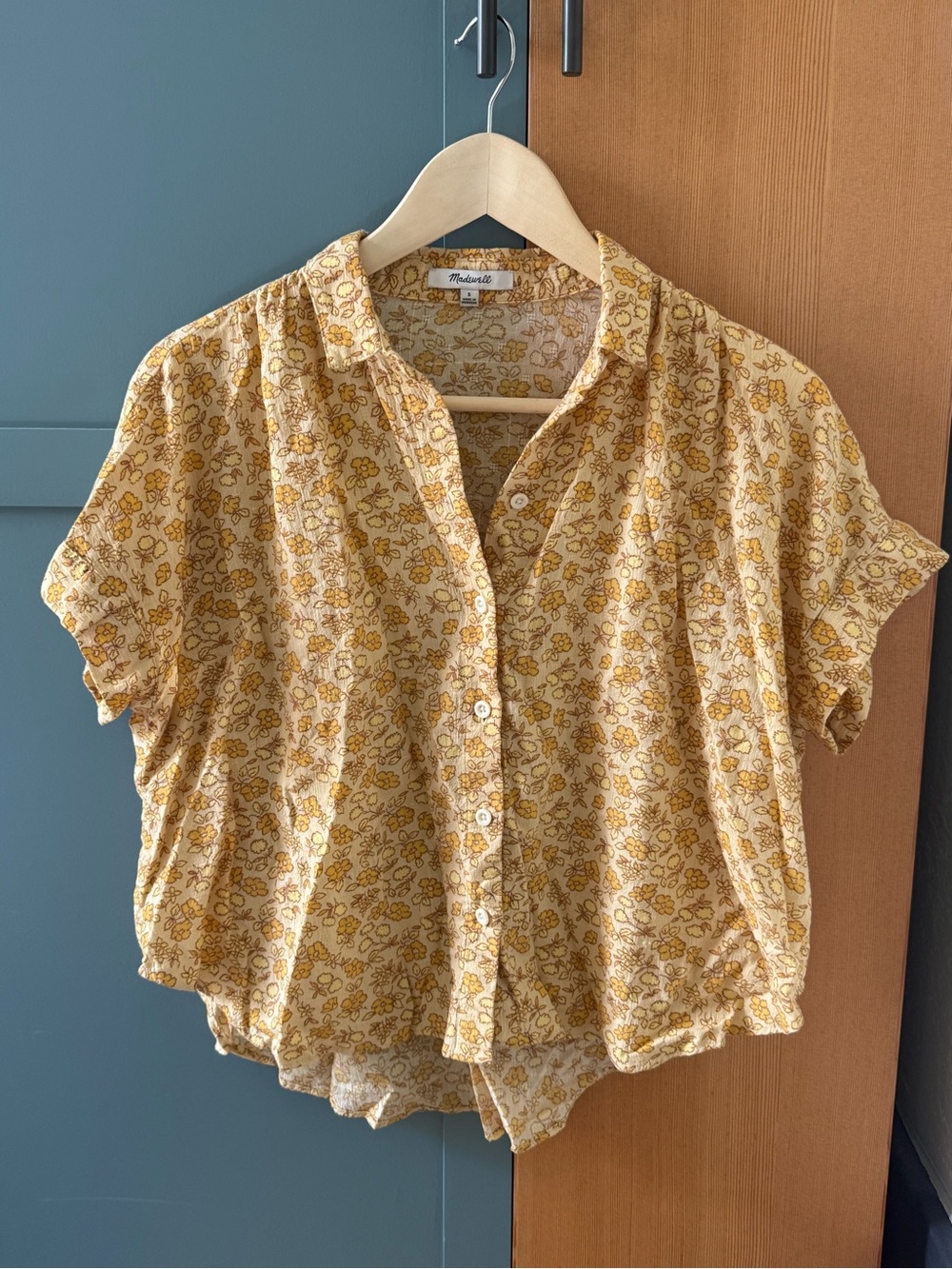 Madewell Yellow Floral Short Sleeve Button-Up Blouse
